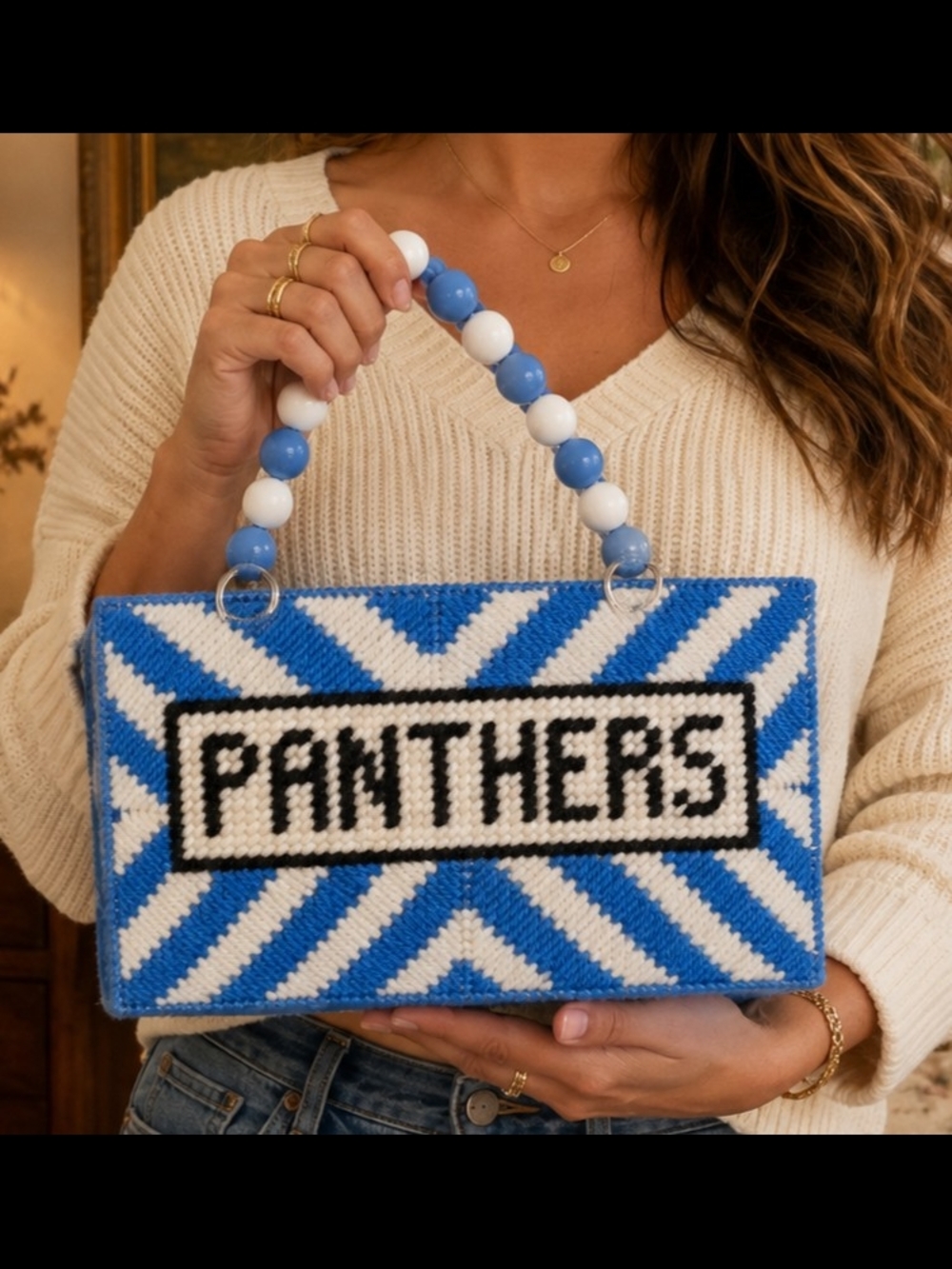 Vintage Custom Handmade Plastic Canvas NFL Panthers Tote Bag Purse Beaded Handle